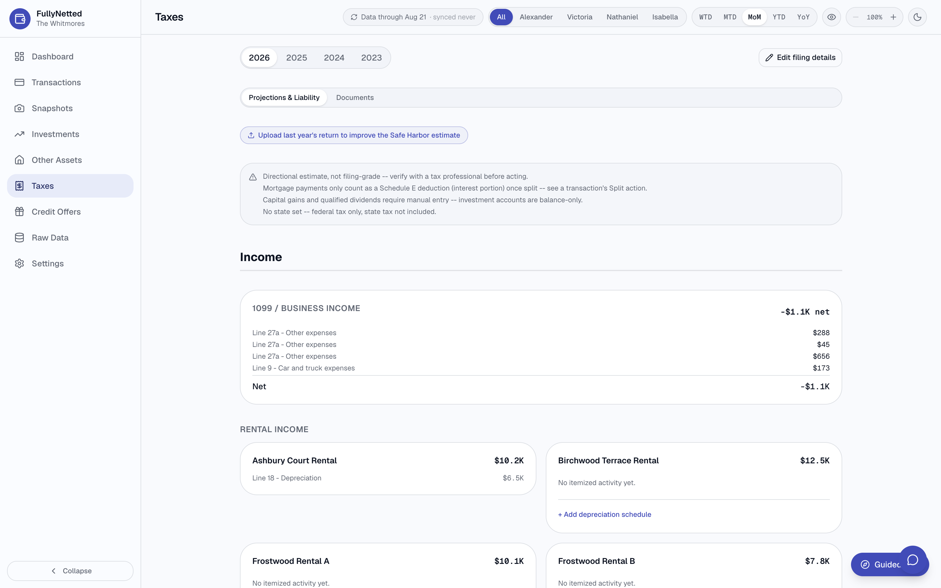 FullyNetted Taxes screen, running against the anonymized demo household